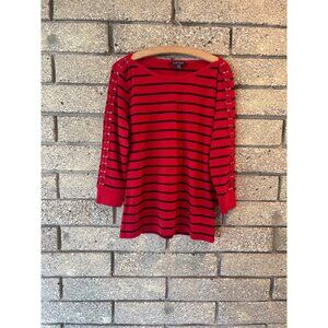 Lauren Ralph Lauren Red & Black Striped Long Sleeve Top XL Lace-Up Sleeves Cotto